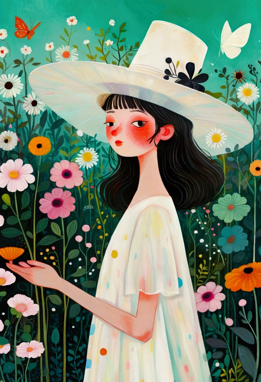 painting of a woman in a white dress and black hat standing in the garden, Surrealism Inspired by Camille Suter, tumblr, Childish Art, She is the center of the garden, Jane Newland, in the garden, Drawn in a whimsical style, in the garden, dreamy painting of coronavirus, illustration!, gardening, There is a garden