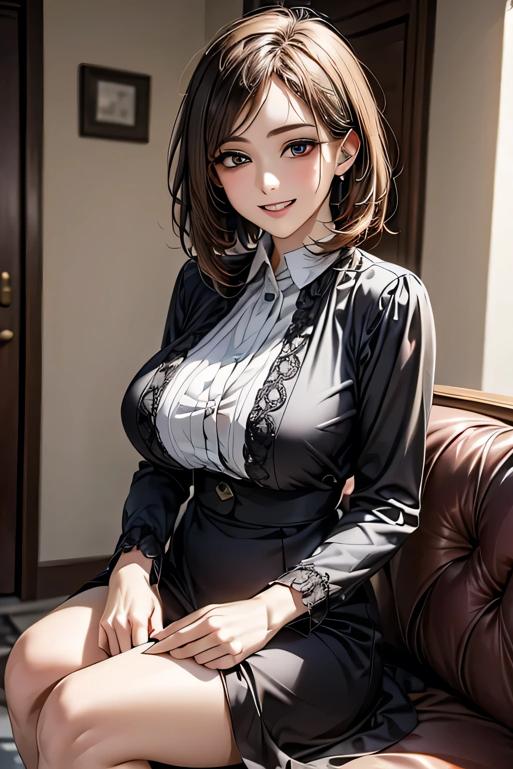 (masterpiece)), ((Highest quality)), (Very detailed), ((beautiful)), Elegance, (Lovely), ((Very detailed)), 4K, (8k), Highest quality, (beautiful),(((World Class Quality))), Very detailed, High resolution, (Beautiful face with detailed shading), whole body, Middle age, alone, ((Huge breasts)), (((Saggy breasts))), Gorgeous Wheel Costume,  Silver open neckline dress,  Sitting on the sofa at the resort hotel entrance