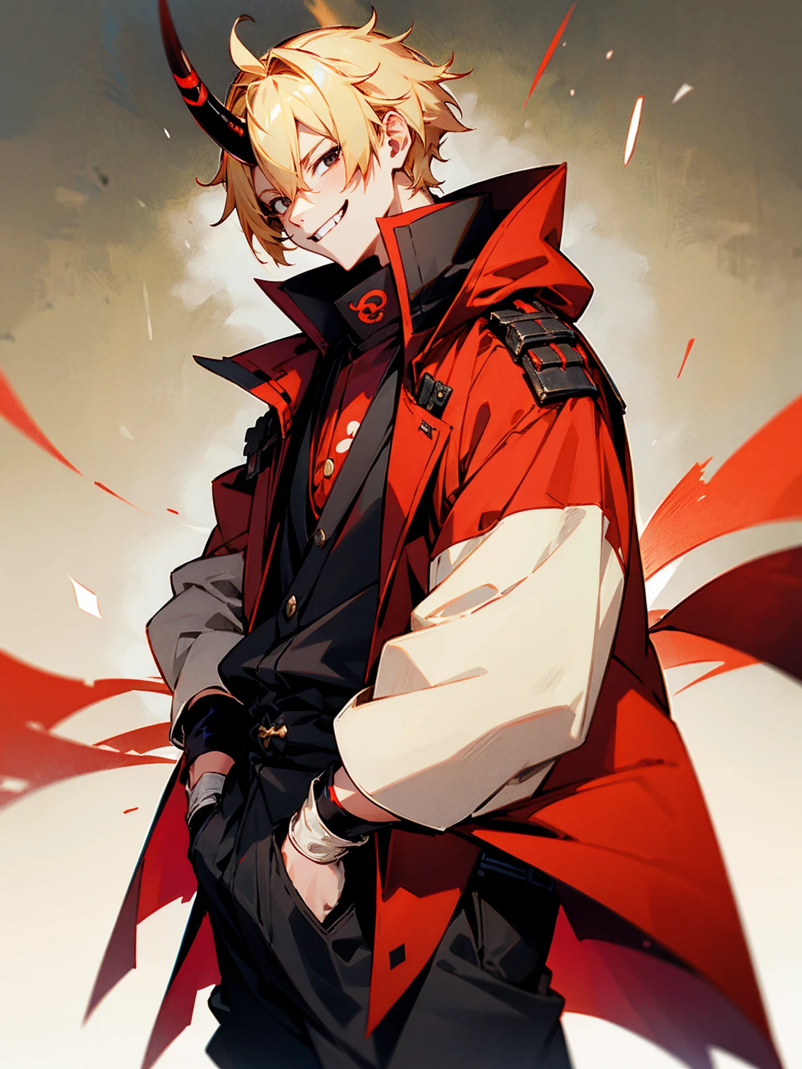 1male, blonde hair. black eyes, oni horn, red yukata, gloves, evil smile