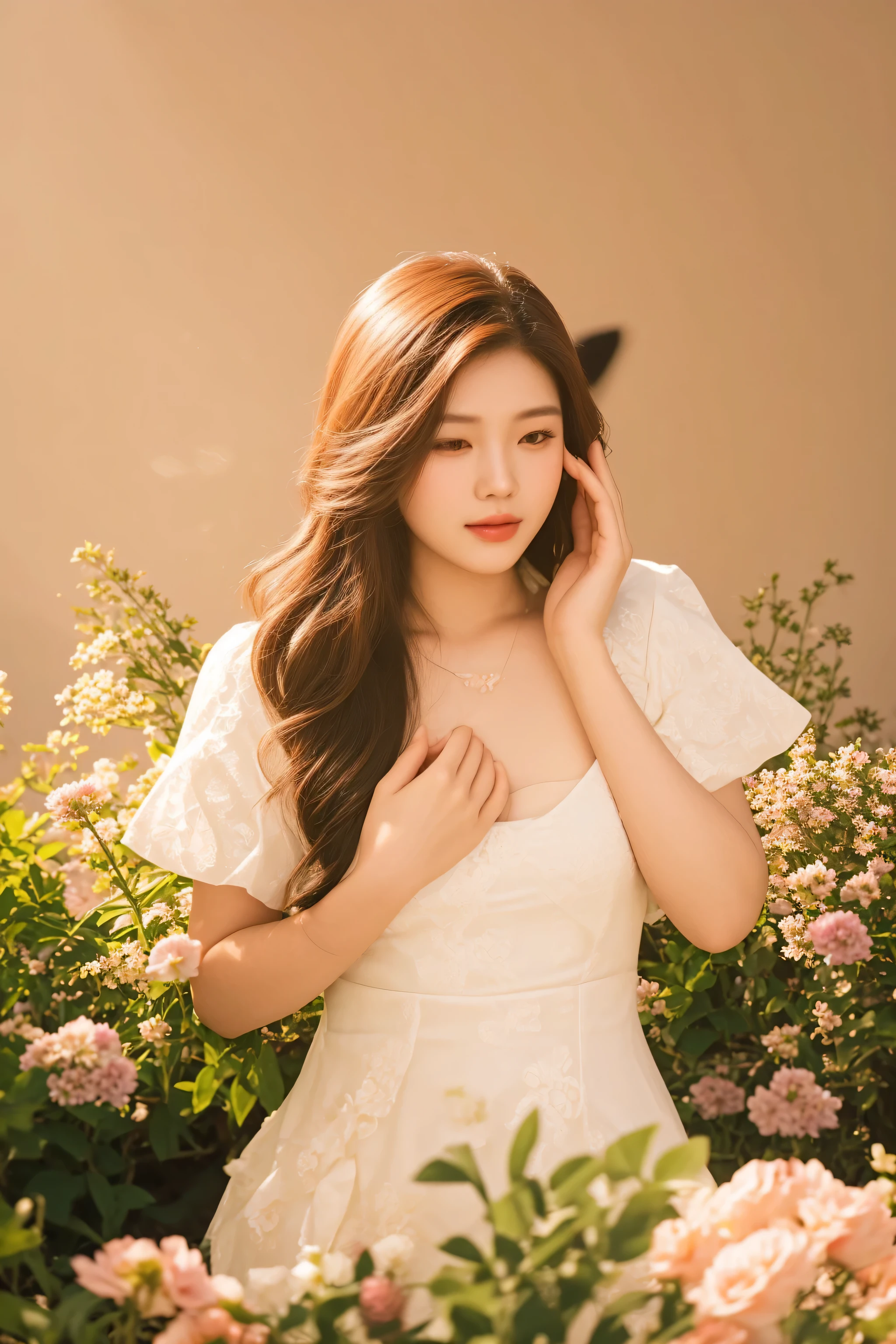 there is a woman that is posing for a picture in a dress, gorgeous young korean woman, beautiful young korean woman, beautiful south korean woman, lovely woman, gorgeous chinese model, a beautiful woman in white, heonhwa choe, a beautiful young woman, hwang se - on, a cute young woman, with flowers, jaeyeon nam, a young asian woman
