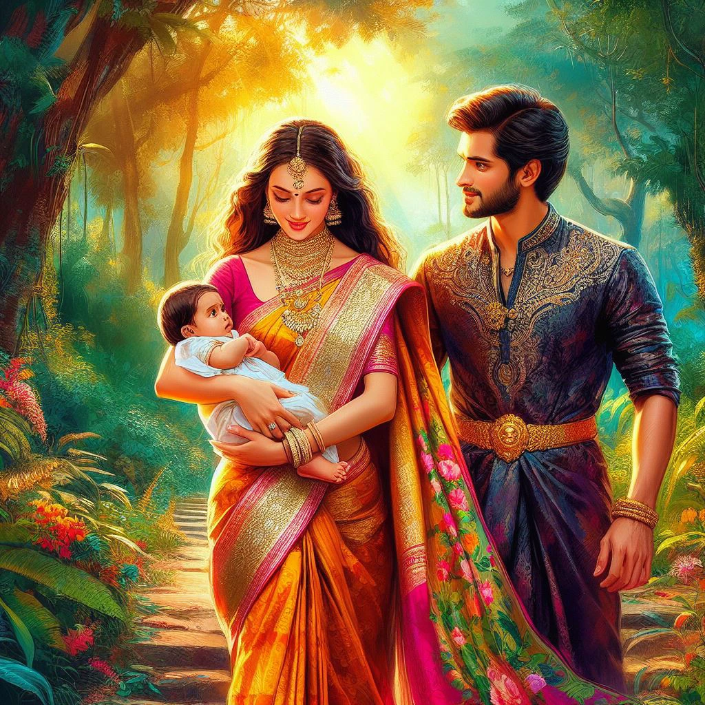 a painting of a groom and bride coming out of a big tamil amman temple and going to ride on a gold chariot with 4 horses , inspired by mahabaratham, detailed painting 4 k, by Max Dauthendey,inspired by Raja Ravi Varma, beautiful digital artwork, beautiful digital illustration, happy family, beautiful 3d art
