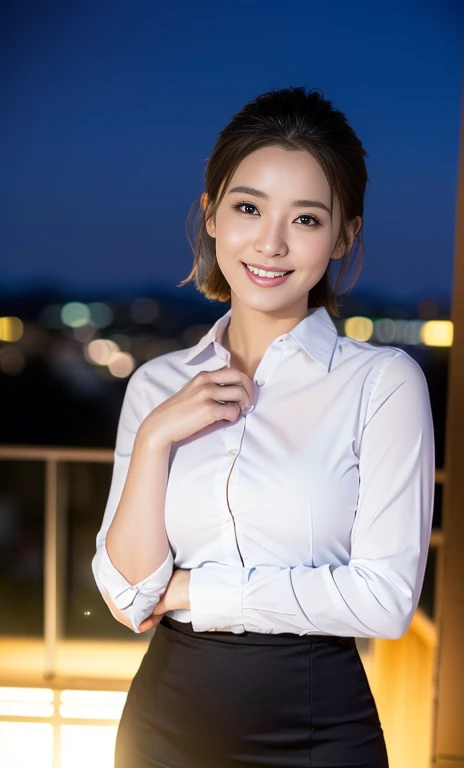 (a gorgeous woman, age 28, natural pose under night sky, Formal Office Lady, white shirt with buttons, black mini-skirt or pencil skirt, feminine expression,

super definition face, beautiful detailed face, 
super cute and soft face, beautiful detailed eyes, 
fine eyes with double eyelids, kawwaii dimples, 
kind smile, short ponytail, short bob hair, short disheveled hair, cute snaggletooth, fair skin, ample round bosom, soft toned body, 

photorealistic, hyper-realism, high contrast, ultra HD, realistic skin textures, top image quality, top-quality, super high resolution, fine details, very meticulously, the Cowboy_Shot, bokeh background, SFW)