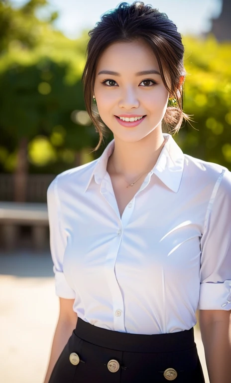 (a gorgeous woman, age 28, natural pose under night sky, Formal Office Lady, white shirt with buttons, black mini-skirt or pencil skirt, feminine expression,

super definition face, beautiful detailed face, 
super cute and soft face, beautiful detailed eyes, 
fine eyes with double eyelids, kawwaii dimples, 
kind smile, short ponytail, short bob hair, short disheveled hair, cute snaggletooth, fair skin, ample round bosom, soft toned body, 

photorealistic, hyper-realism, high contrast, ultra HD, realistic skin textures, top image quality, top-quality, super high resolution, fine details, very meticulously, the Cowboy_Shot, bokeh background, SFW)