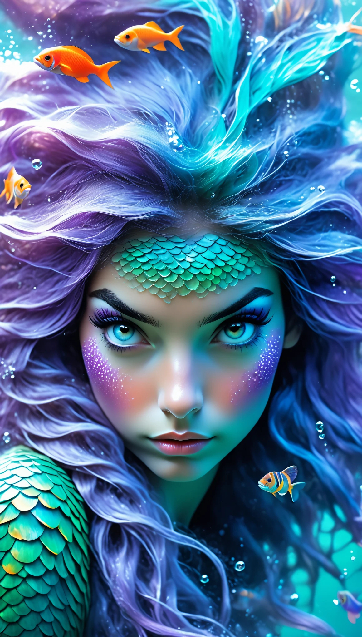 Frontal portrait of a whimsical and colorful woman resembling a mermaid or siren. Fair complexion, youthful features, wide open eyes, and delicate freckles on nose and cheeks. Vibrant, gravity-defying hair in shades of purple, blue, orange, and teal. Hair transitions into tendrils or aquatic flora, creating an underwater illusion. Small bubbles floating around the head add to the underwater theme. Attire or visible body part resembles teal and green fish scales with vibrant colors. Overall effect: Serene and otherworldly underwater creature in quiet contemplation.