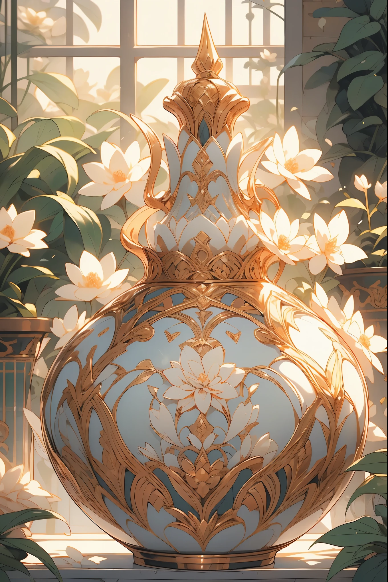 extremely delicate and beautiful, Amazing, finely detail, masterpiece, ultra-detailed, highres,best illustration, best shadow,intricate,sharp focus, high quality, 1male, solo, blond hair. red eyes, kaveh genshin impact, glass greenhouse, flowers in pots, flowers for sale, man looking at flowers, flowers everywhere