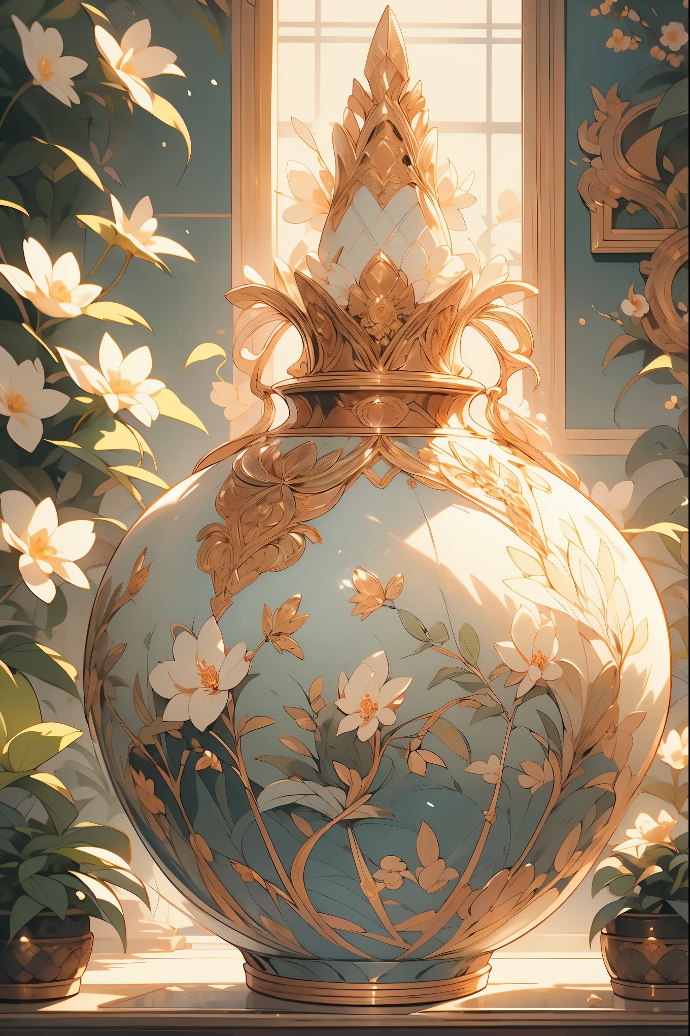 extremely delicate and beautiful, Amazing, finely detail, masterpiece, ultra-detailed, highres,best illustration, best shadow,intricate,sharp focus, high quality, 1male, solo, blond hair. red eyes, kaveh genshin impact, glass greenhouse, flowers in pots, flowers for sale, man looking at flowers, flowers everywhere