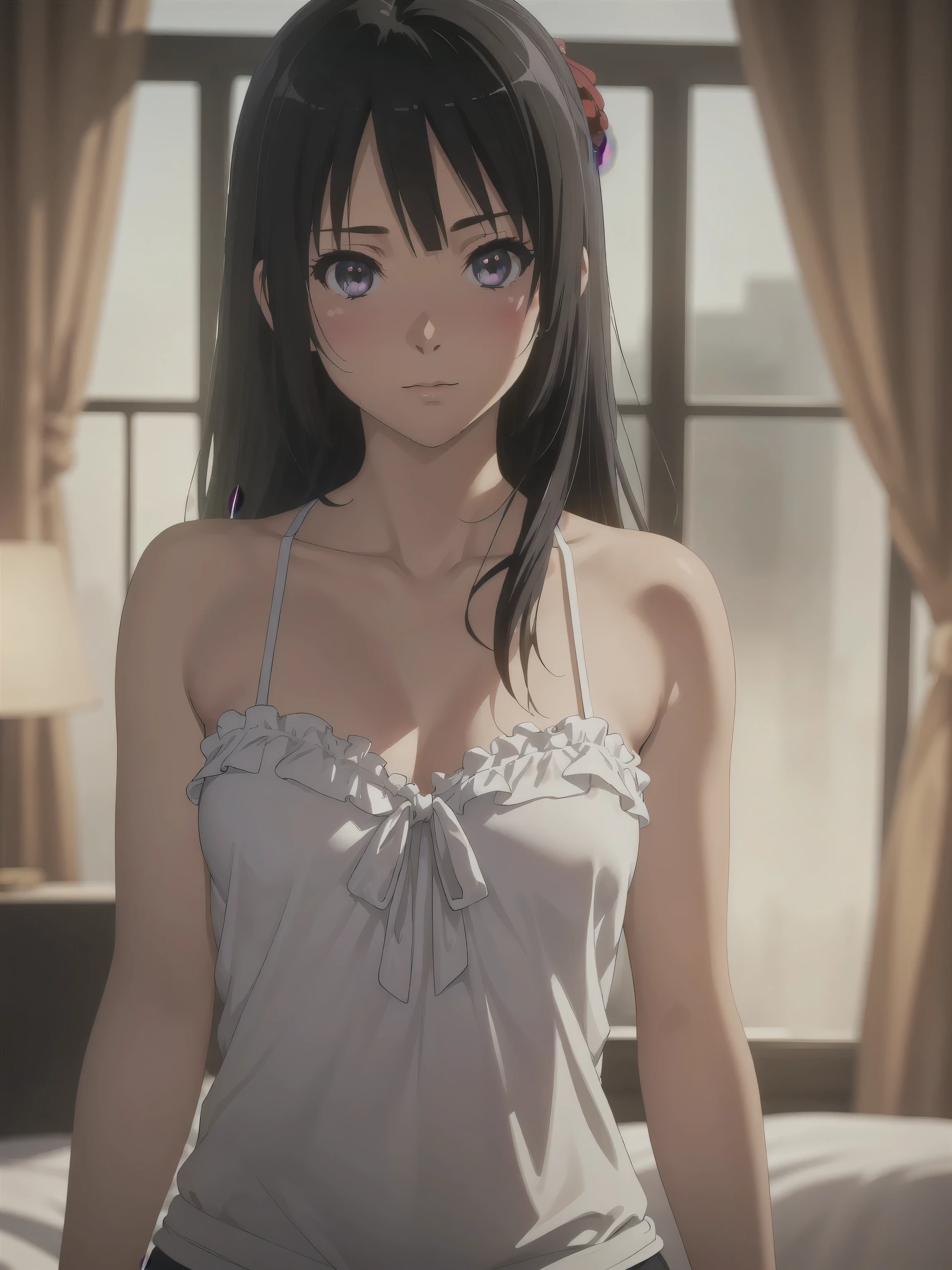 (A superb exquisite Kousaka Reina), (Kousaka Reina:1.5),
(photo realistic:1.4), (hyper realistic:1.4), (realistic:1.3),
(smoother lighting:1.05), (increase cinematic lighting quality:0.9), 32K,
1girl, girl, realistic lighting, light on face, ray trace, (brightening light:1.2), (Increase quality:1.4),
(best quality real texture skin:1.4), finely detailed eyes, finely detailed face, finely quality eyes,
((face closeup)),
(large chest), (Perfect Body Proportions), (slender Body Proportions), 
(bedroom), super sexy pose, (cute camisole),
(Increase body line mood:1.1), (Increase skin texture beauty:1.1),
