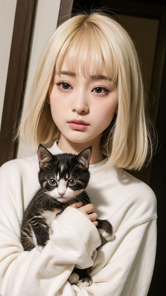 face like Suzu Hirose、Holding a kitten、Kitten closes his eyes、Wearing an oversized sweatshirt、Blonde hair、let down&#39;s Bangs、Long Hair、Big breast swelling、smile、