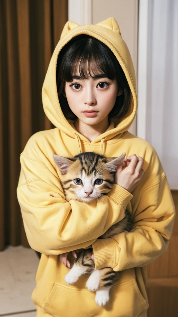 face like Suzu Hirose、Holding a kitten、Kitten closes his eyes、Wearing an oversized sweatshirt、Blonde hair、let down&#39;s Bangs、Long Hair、Big breast swelling、smile、