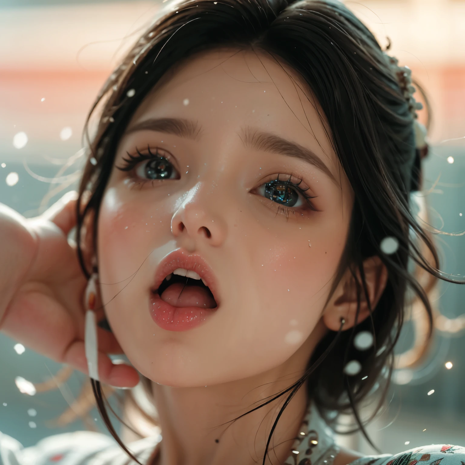 ExtremelyDetailed Kawaii girl Face,(Close-up Sweet lips), glossy lips with beautiful details, Coquettish tongue, Kissing to camera, towards the viewer, 8K TopQuality masterpiece,an extremely delicate and beautiful (ProfessionalPhoto:1.37), {Amazing|finely detail|official art|incredibly absurdres},ultra-detailed close-up shot, close up, (fish eye lens), wide lens, macro lens, Detailed reflective Eyes ElaboratePupils with (sparkling highlights:1.28) (Delicate Voluminous LongEyelashes:0.88), {(Tilted face:1.22)|Visible back of throat|saliva drips|naked shoulder}, (Dripping juice on tongue:1.23) snow particles
