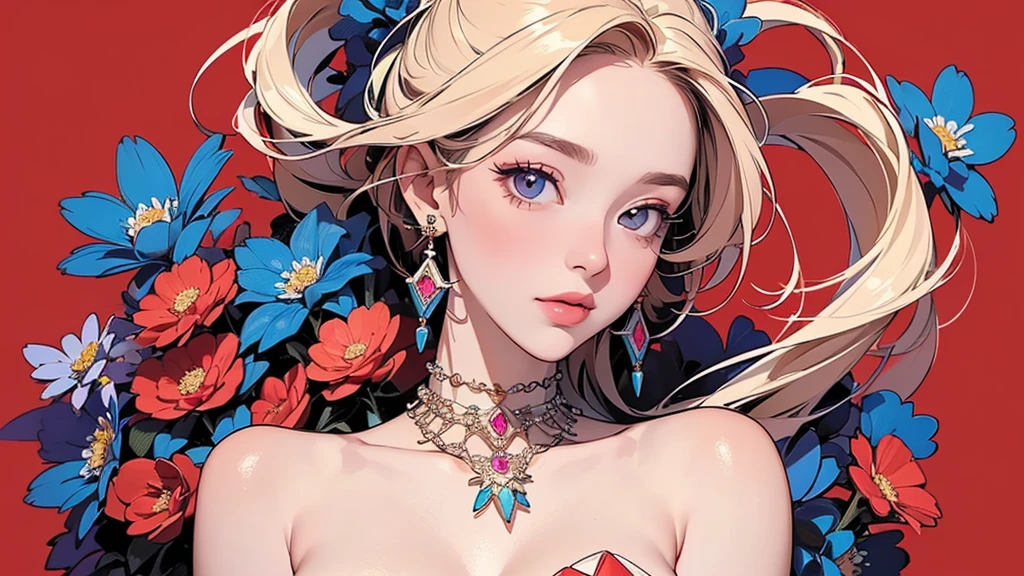 32K, 最高quality, 最高masterpiece, (ultra-Detailed Background, Detailed Background), High resolution, Super detailed, Very detailedな, One girl, (bouquet:1.3), (Tangled:1.2), (Geometric:1.2),(colorful),(masterpiece, quality, best quality, Official Art, Beautiful and beautiful:1.2), (1 girl:1.3), Very detailed,(colorful:1.1)(Flowers:1.3),Most detailed,(Tangled:1.2), whole body, (Abstract background:1.3), (Skin glows), (Many colors:1.4), ,(Earrings Jewelry:1.5), Pale Red Background,