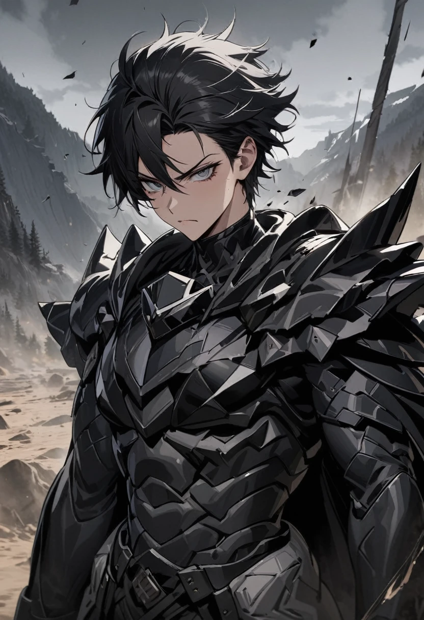 (God of Destruction style) (solo:2, 35yo), (very short black hair Strong body divine fighter guy), (serious cool gray eyes, serious face), (bery strong body with God of Destruction), in a Cursed Dark Armor, black Enchanted Cloak with review, break, in the Desolate Wilderness, background Sandstorm, BREAK, perfect anatomy, masterpiece, best quality, 16k, beautiful detailed Shattered World, daydreaming expression.