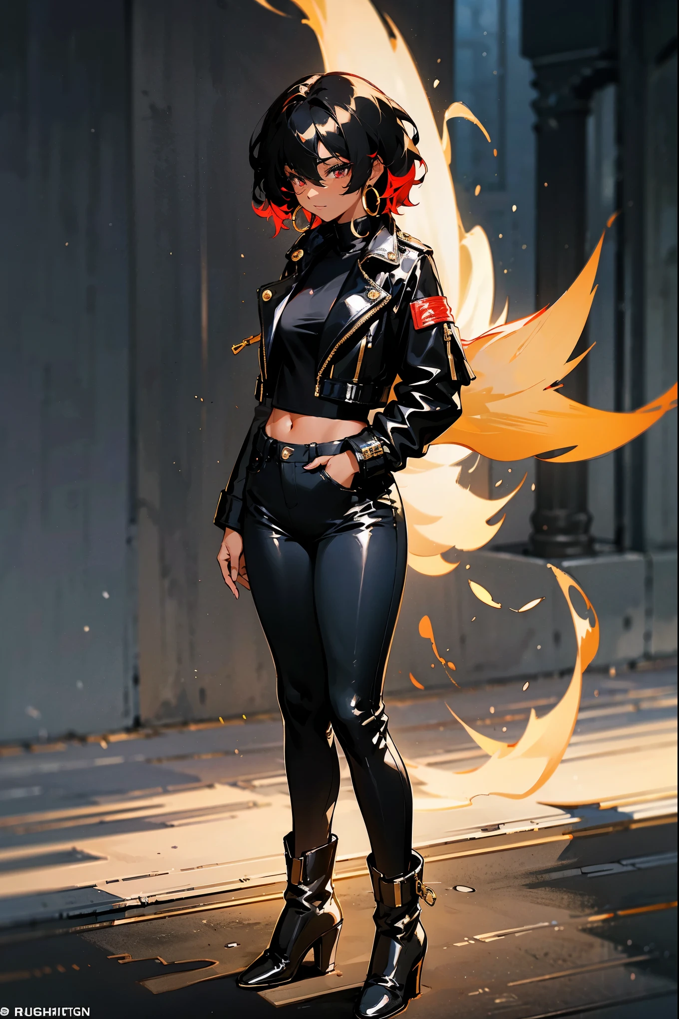 1female: Dark skin, short curly hair with bright streaks, wearing a fitted black leather jacket with a red and gold phoenix tattoo on her arm, black skinny jeans, ankle boots, and gold hoop earrings, against a bustling city street at night, standing on path.