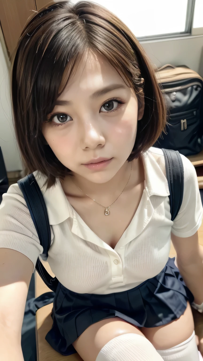 (High school girls walking through a Japanese school:1.2、indoor)、((school uniform、White blouse、(Navy blue checkered pleated skirt:1.2)、(Over the knee socks:1.4、Absolute area:1.4))、(Sports Bags、The straps of the bag pass between the chest、Paisura:1.5)、(Realistic、Like a photograph、Live Action、8k, Realistic, RAW Photos, Best image quality: 1.4), Single-lens reflex camera、RAW Photos, Highest quality, Realistic, Highly detailed CG Unity 8k wallpaper, Written boundary depth, Cinematic Light, Lens flare, Ray Tracing, Realistic background、((ultra high density skin))、 16 year old girl after school,cute Japanese、(whole body:1.5)、Very detailedな顔，avert your eyes:1.1、(short hair:1.2、Short hair fluttering in the wind:1.4)、I like that style、stylish、Very detailed、Pay attention to the details、Perfect outfit、(Sunburned skin)、View from above、Accurate hands、Accurate legs、Detailed hands and fingers、Anatomically correct body、Thin legs、Thin thighs、Small breasts、Very detailedな顔