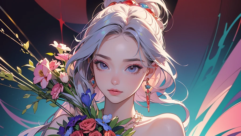32K, 最高quality, 最高masterpiece, (ultra-Detailed Background, Detailed Background), High resolution, Super detailed, Very detailedな, One girl, (bouquet:1.3), (Tangled:1.2), (Geometric:1.2),(colorful),(masterpiece, quality, best quality, Official Art, Beautiful and beautiful:1.2), (1 girl:1.3), Very detailed,(colorful:1.1)(Flowers:1.3),Most detailed,(Tangled:1.2), whole body, (Abstract background:1.3), (Skin glows), (Many colors:1.4), ,(Earrings Jewelry:1.5), Pale Red Background,