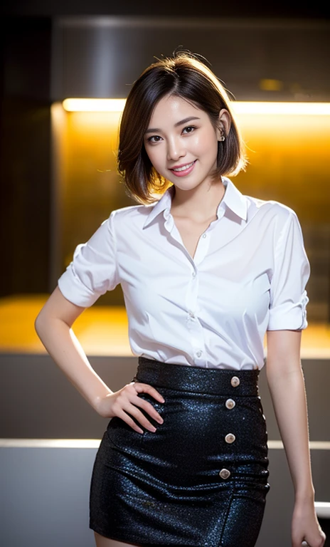 (a gorgeous woman, age 28, natural pose under night sky, Formal Office Lady, white shirt with buttons, black mini-skirt or pencil skirt, feminine expression,

super definition face, beautiful detailed face, 
super cute and soft face, beautiful detailed eyes, 
fine eyes with double eyelids, kawwaii dimples, 
kind smile, short ponytail, short bob hair, short disheveled hair, cute snaggletooth, fair skin, ample round bosom, soft toned body, hands on hip,

photorealistic, hyper-realism, high contrast, ultra HD, realistic skin textures, top image quality, top-quality, super high resolution, fine details, very meticulously, the Cowboy_Shot, bokeh background, SFW)
