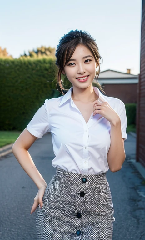 (a gorgeous woman, age 28, natural pose under night sky, Formal Office Lady, white shirt with buttons, black mini-skirt or pencil skirt, feminine expression,
super definition face, beautiful detailed face,
super cute and soft face, beautiful detailed eyes,
fine eyes with double eyelids, kawwaii dimples,
kind smile, short ponytail, short bob hair, short disheveled hair, cute snaggletooth, fair skin, ample round bosom, soft toned body, hands on hip,
photorealistic, hyper-realism, high contrast, ultra HD, realistic skin textures, top image quality, top-quality, super high resolution, fine details, very meticulously, the Cowboy_Shot, bokeh background, SFW)