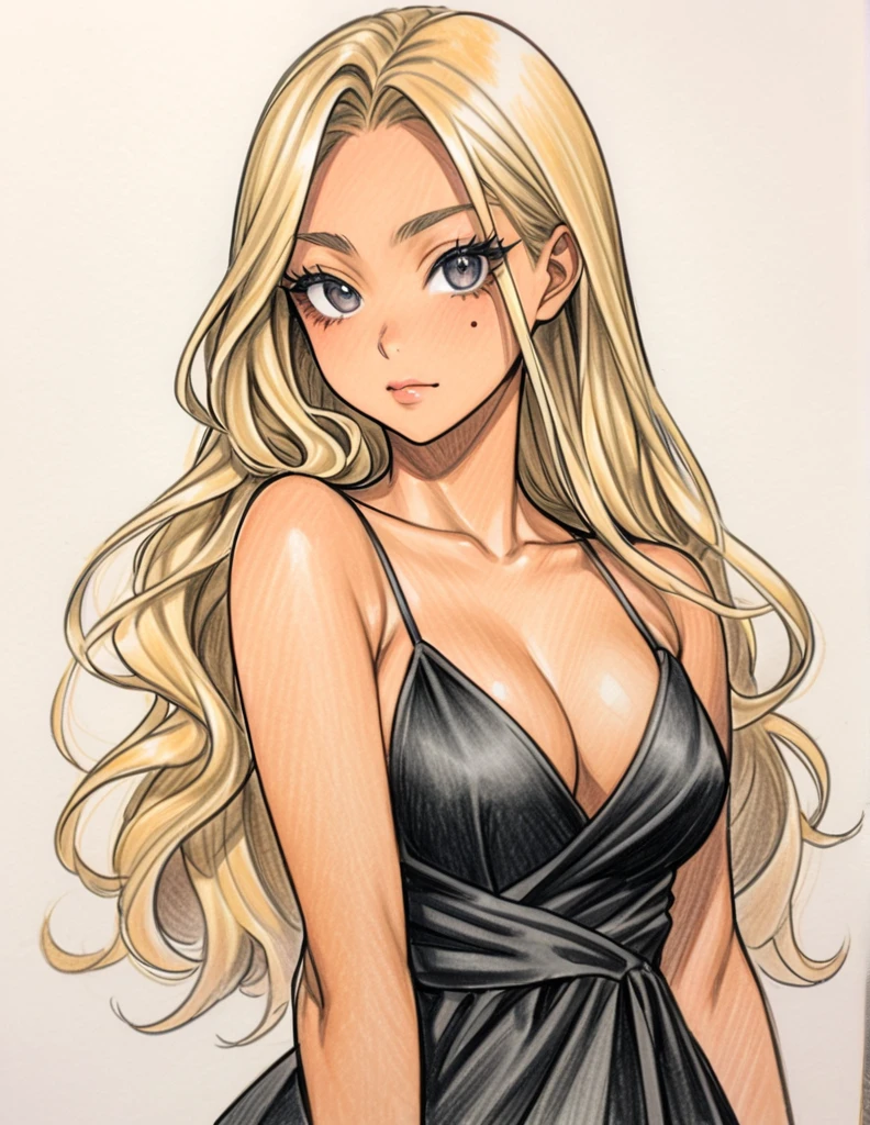 upper body, from front, color pencil drawing, draft drawing, female, age 18, solo, dark skin, blonde long hair, black eyes, slant eyes, black eyeliner, mole under eye, false eyelashes, dress, Showcasing cleavage