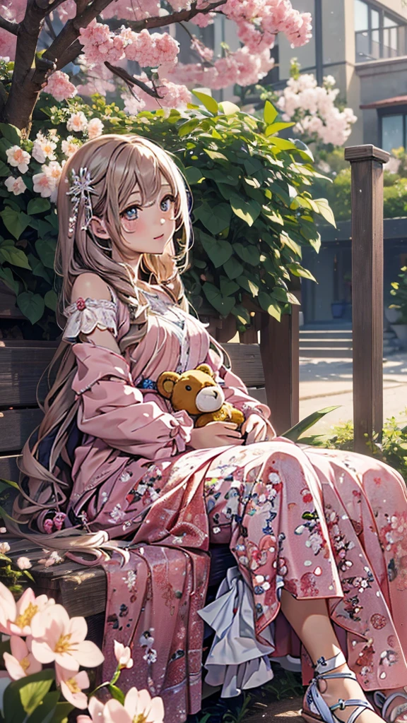 1girl, 4 years old, anime style, beautiful detailed eyes, beautiful detailed lips, extremely detailed face, long eyelashes, cute, innocent, smiling, holding a teddy bear, sunlight, outdoor garden setting, cherry blossom trees, (best quality,4k,8k,highres,masterpiece:1.2),ultra-detailed,(realistic,photorealistic,photo-realistic:1.37),vibrant colors,soft lighting