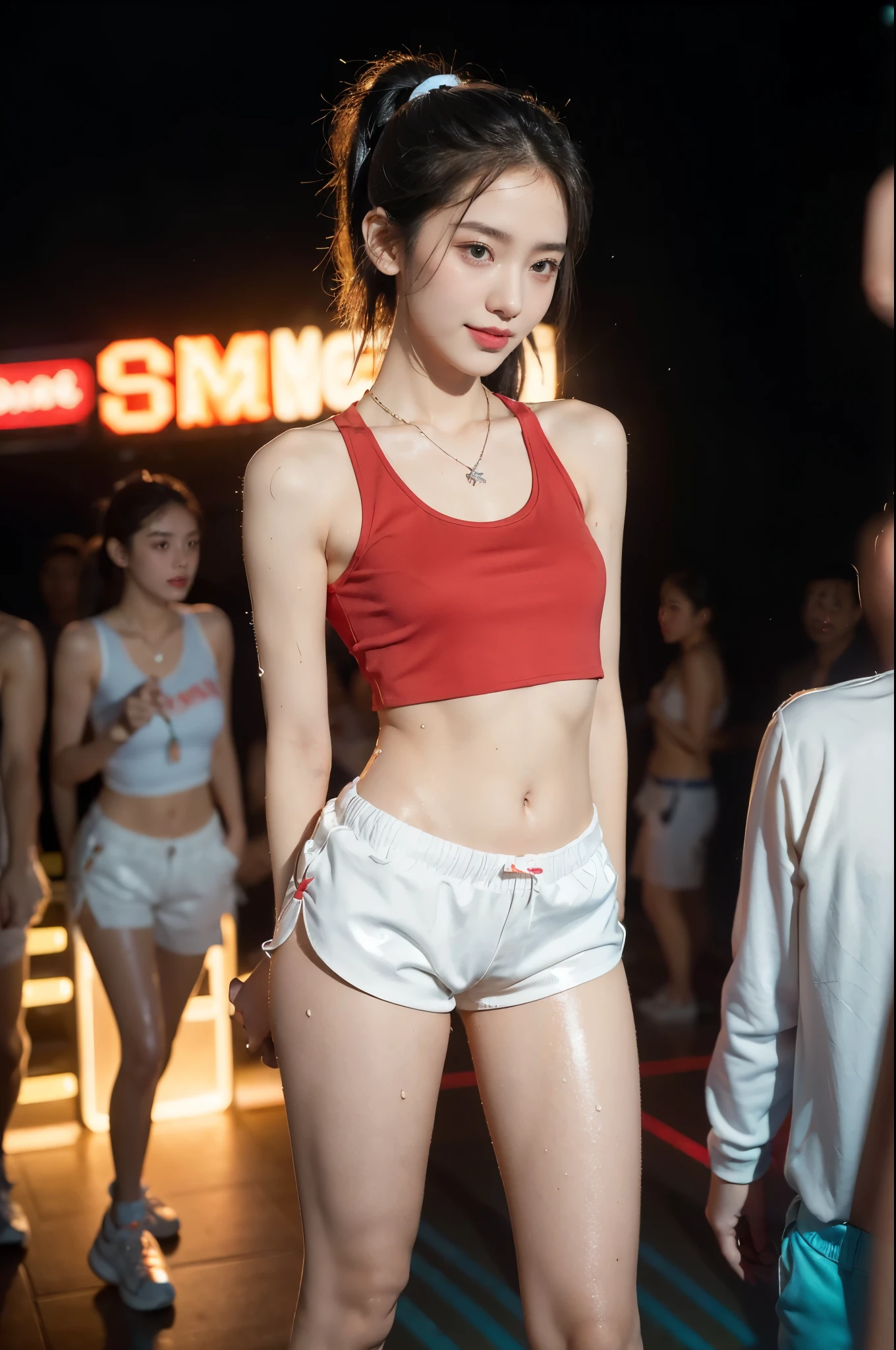 (((best quality))),(((ultra detailed))),(((masterpiece))),illustration,((1 beautiful girl,solo)),(short ponytail:1.2),((slim,thin)),((small breasts,flat chest)),(necklace:1.2),((sweat,wet)),(shiny skin:1.5),(white tank top:1.3),(red shorts:1.3),(slender legs:1.2),(sneakers:1.3),(in nightclub:1.3),(neon lights:1.3), energy,(standing:1.3),(arms behind back:1.3),(smile:1.2), conversation, thumping bass, sun-kissed skin, tanned legs,delicate features, grace, confidence, excitement, pulsating lights, capturing attention, vibrant atmosphere, center of attention,(summer:1.3),(night scene:1.3), adventure, frozen moment,((from front,full body)),(surrounded by crowded crowds:1.3)