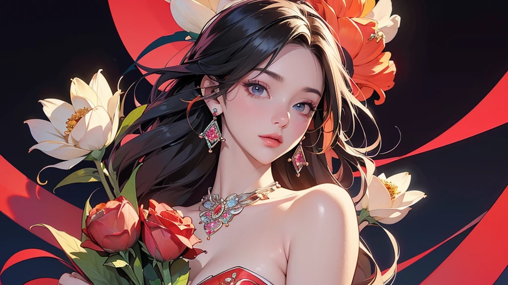 32K, 最高quality, 最高masterpiece, (ultra-Detailed Background, Detailed Background), High resolution, Super detailed, Very detailedな, One girl, (bouquet:1.3), (Tangled:1.2), (Geometric:1.2),(colorful),(masterpiece, quality, best quality, Official Art, Beautiful and beautiful:1.2), (1 girl:1.3), Very detailed,(colorful:1.1)(Flowers:1.3),Most detailed,(Tangled:1.2), whole body, (Abstract background:1.3), (Skin glows), (Many colors:1.4), ,(Earrings Jewelry:1.5), Pale Red Background,
