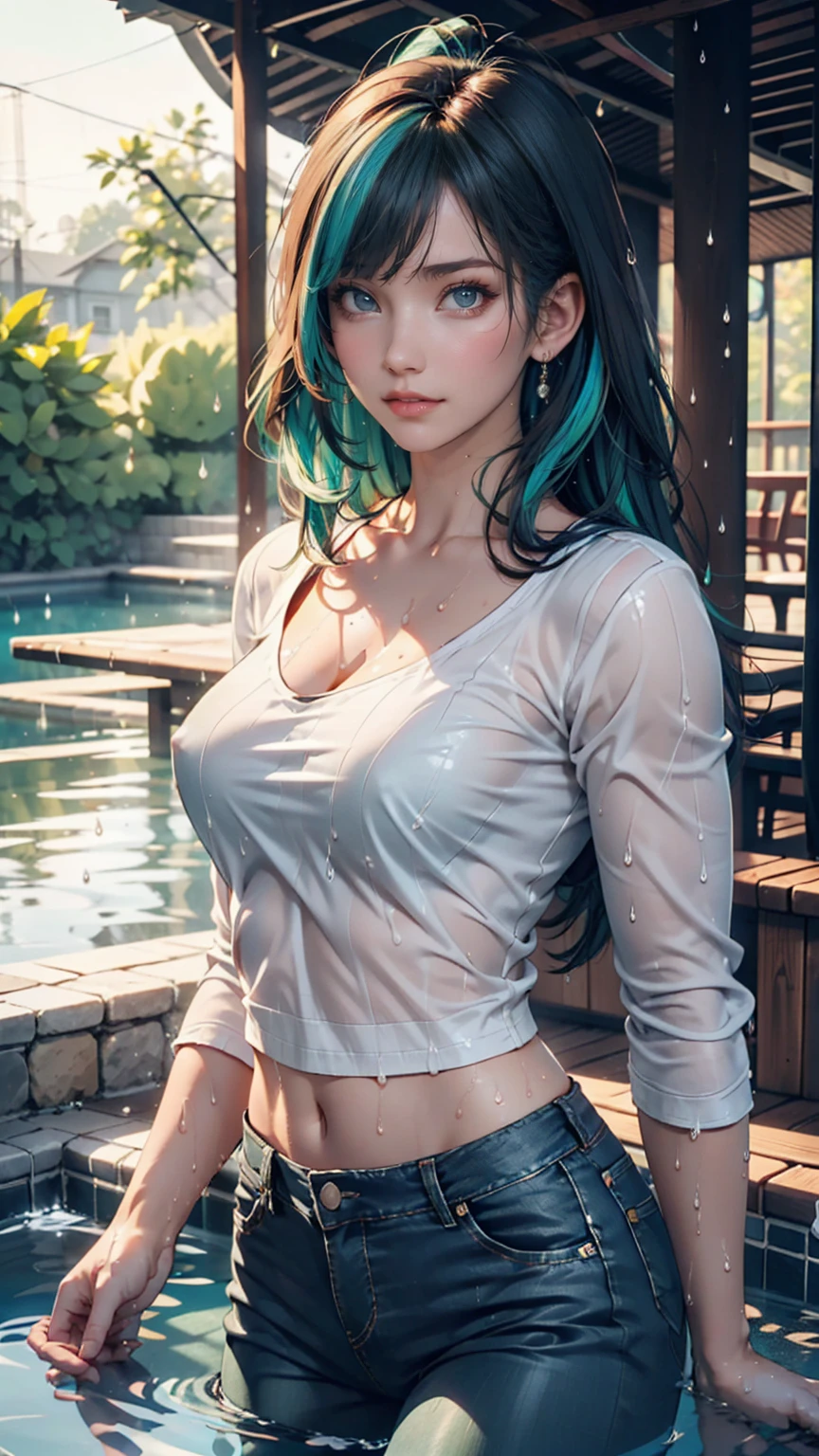 24-year-old woman、Silver Hair(Gets wet and sticks)、Green Eyes、Rainbow Hair((rainbow hair))、Sheer high neck top(Soaking wet、The fabric sticks to the skin and the nipples are visible.)、No sleeve、mature female body、6/8 length skinny jeans、pumps、Soaking wet、Water dripping from the body