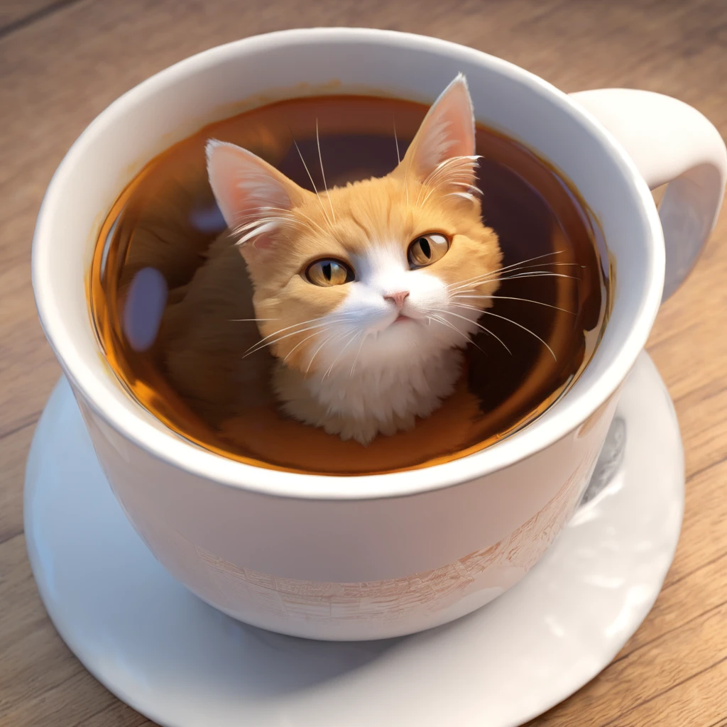 Furry, fluffy, interesting, Super Deformation, Highest quality, Super Fine, 16K, Cat in a cup