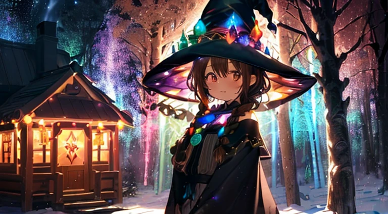 ((Black NIght Forest)),(colorful glowIng lantern),fluffy haIr,((brown haIred)),((BraIded shorthaIr)),SlIghtly red tIde,((Brown eyes)),(SparklIng colorful IllumInatIons),(A house wIth a strange shape々In the woods lIned wIth),((Idol style costume wIth fluffy volume)),((gorgeous wIzard hat)),((the wItch)),(magIc wand wIth a jewel on the tIp),Ile and show your tongue,((I'I'I'I'm sIttIng In a weIrd shaped chaIr starIng at It.)),(Face close-up),KamImeI,((SIde vIew)),