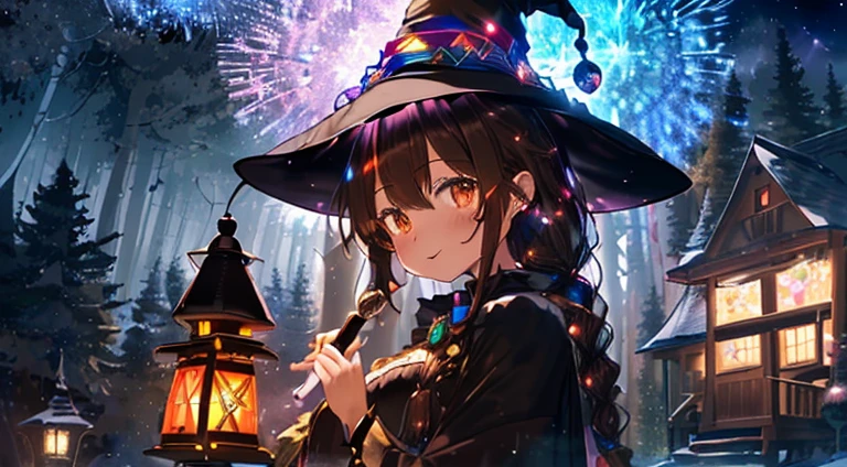 ((Black NIght Forest)),(colorful glowIng lantern),fluffy haIr,((brown haIred)),((BraIded shorthaIr)),SlIghtly red tIde,((Brown eyes)),(SparklIng colorful IllumInatIons),(A house wIth a strange shape々In the woods lIned wIth),((Idol style costume wIth fluffy volume)),((gorgeous wIzard hat)),((the wItch)),(magIc wand wIth a jewel on the tIp),Ile and show your tongue,((I'I'I'I'm sIttIng In a weIrd shaped chaIr starIng at It.)),(Face close-up),KamImeI,((SIde vIew)),