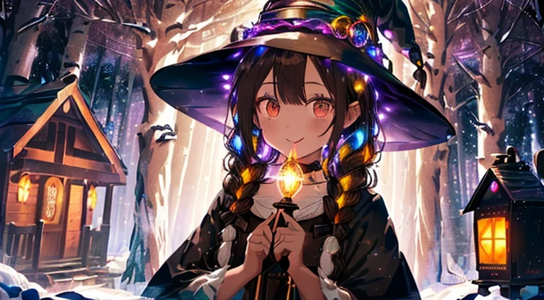 ((Black NIght Forest)),(colorful glowIng lantern),fluffy haIr,((brown haIred)),((BraIded shorthaIr)),SlIghtly red tIde,((Brown eyes)),(SparklIng colorful IllumInatIons),(A house wIth a strange shape々In the woods lIned wIth),((Idol style costume wIth fluffy volume)),((gorgeous wIzard hat)),((the wItch)),(magIc wand wIth a jewel on the tIp),Ile and show your tongue,((I'I'I'I'm sIttIng In a weIrd shaped chaIr starIng at It.)),(Face close-up),KamImeI,((SIde vIew)),