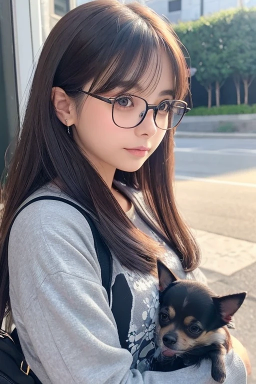 Beautiful sparkle,dog（Chihuahua）、（grey）、dogを抱いている女の子（Age 25）、Hairstyle（Long Wolf）、Narrow eyes、Thin glasses、ＣＧWind、Wind景（Different world）、Your head doesn&#39;t need ears