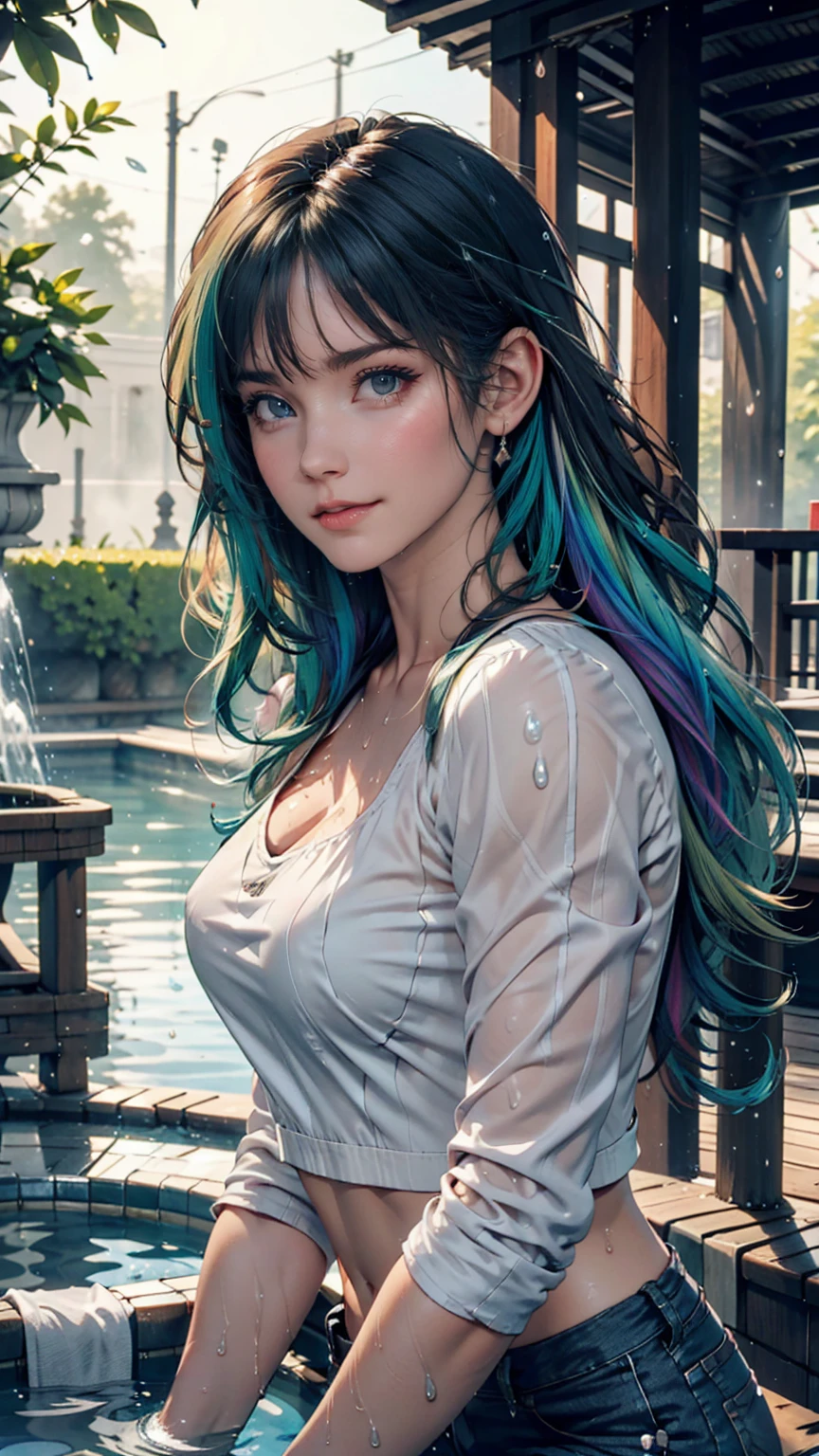 24-year-old woman、Silver Hair(Gets wet and sticks)、Green Eyes、Rainbow Hair((rainbow hair))、Sheer high neck top(Soaking wet、The fabric sticks to the skin and the nipples are visible.)、No sleeve、mature female body、6/8 length skinny jeans、pumps、Soaking wet、Water dripping from the body