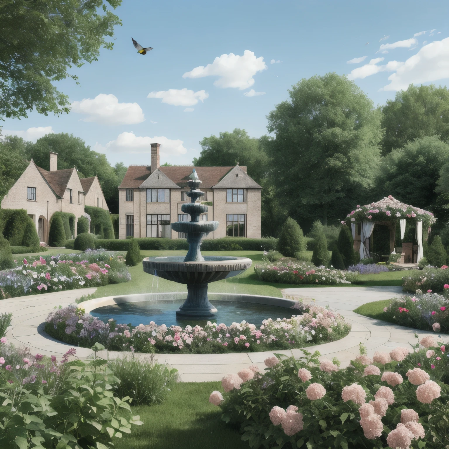 Draw a manor,There is a fountain in front,Surrounded by flowers,Surrounded by the fragrance of herbs and the gentle sound of birdsong,Tomatoes planted on both sides