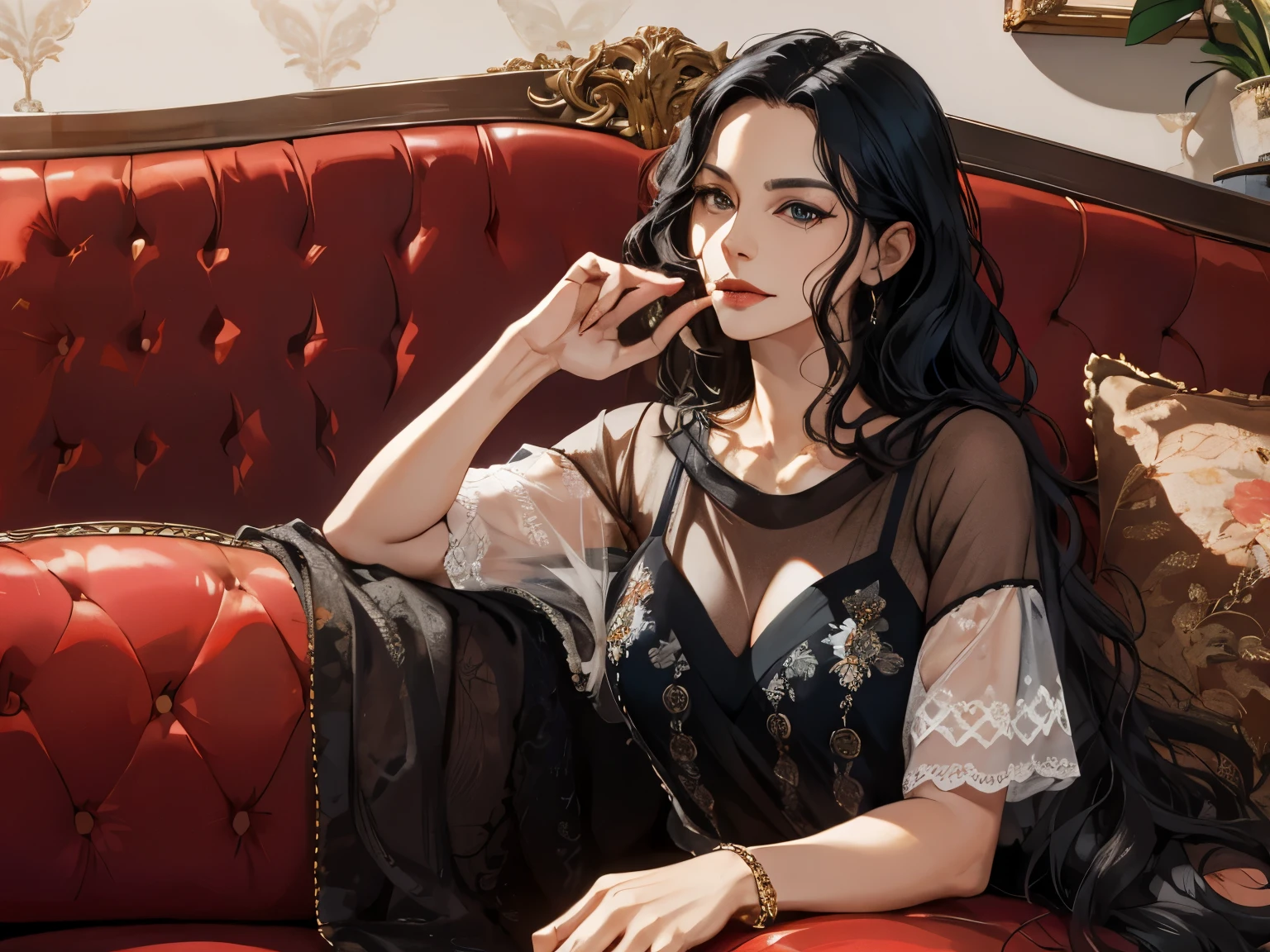A mature woman lying on the sofa, Has black wavy hair, Wearing suspenders, Full figure, Exquisite facial features, Touching her own body,Lifelike image quality, A European woman, Age about 30 years, Surrealism