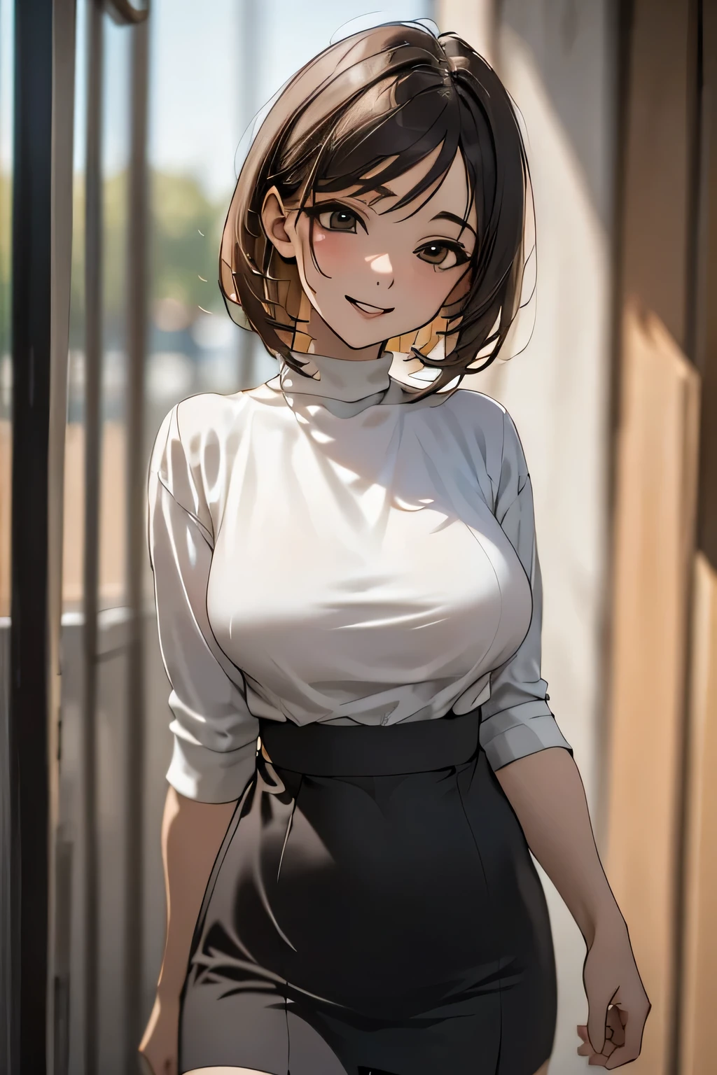 a J-pop idol wearing a turtleneck sweater, (((masterpiece))), ((Highest quality)), ((Complex)), ((surreal)), Bakares, (Mature Woman), ((peerless)), Very detailed, 1 girl, ((Big Breasts)), Beautiful and detailed, Brunette Short Hair, Brown eyes, (turtleneck:1.2), (Tight Skirt), (background: underground), Detailed background, choker, Perfect Eyes, Captivating eyes, Looking at the audience