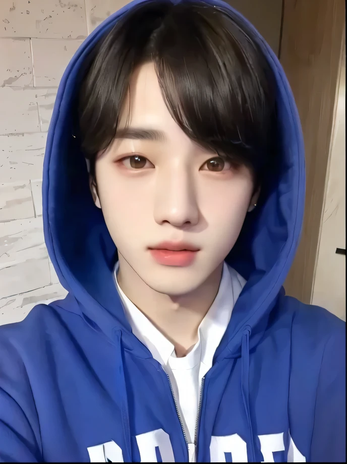 a closeup of a person wearing a blue hoodie, jungkook, pale korean adorable face, Jinyoung Shin, accurate Jimin face, Jimin\full lips, Hyung Tae, ironic smile, ruan cute vtuber, TaeJune Kim, Jimin\his right eyelid is swollen, Jimin, Jimin\'s grecian nose, profile headshot, park Jimin
