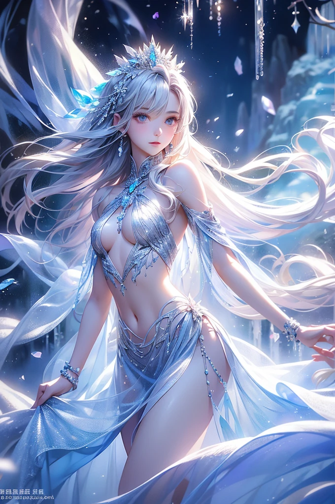 (1/2 photos:1.5)wood, Exquisite mini ice spikes and crystals, A frozen waterfall in the background, Light reflected by ice crystals, Flowing snowflakes.1 girl、pretty girl,A realistic person,((small breasts)),Thin legs、Tight waist、standing