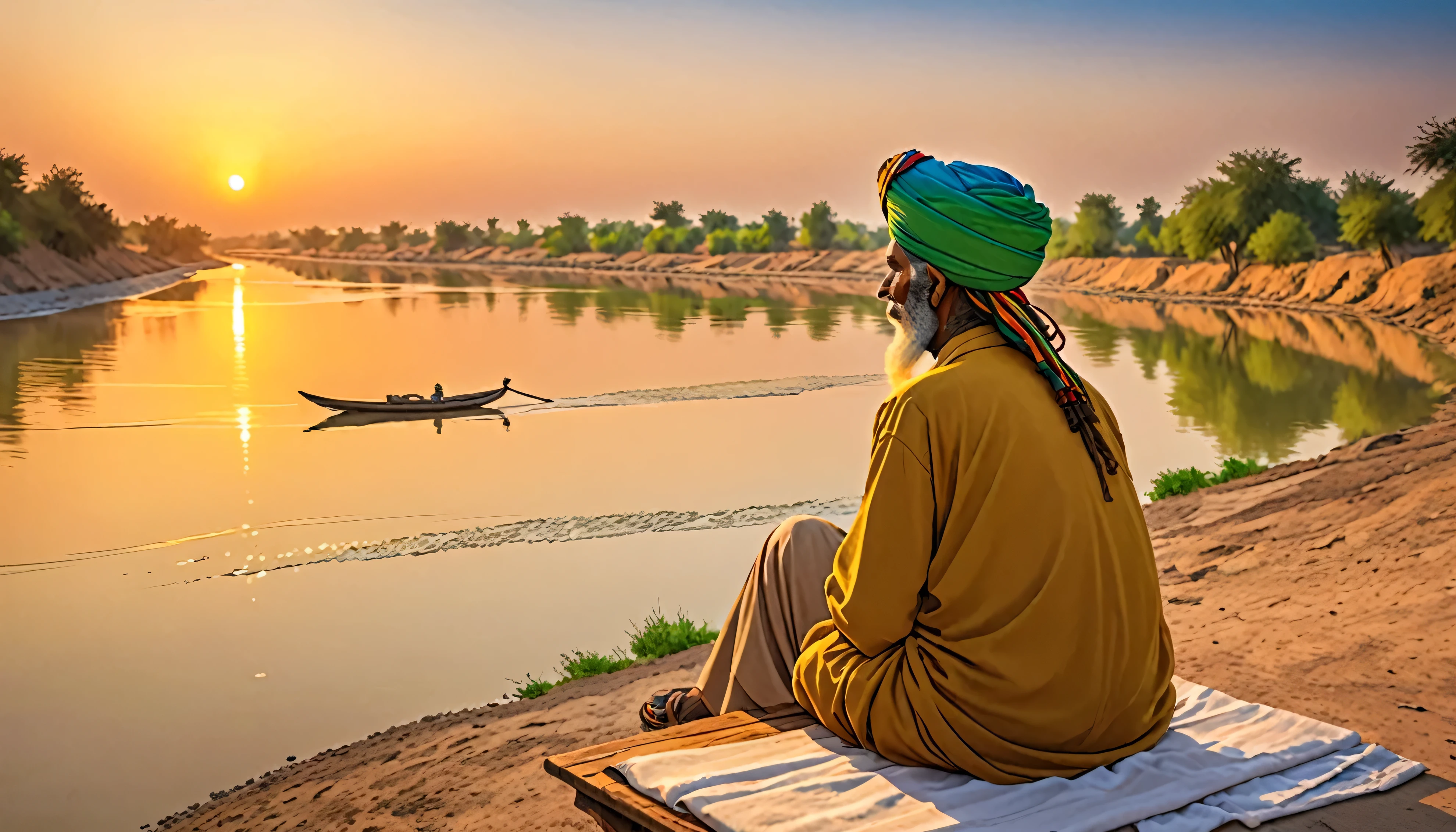 Shield of David,Indian,Turbans are Rastafarians,back view of old man,Sitting on the banks of the Indus,sunset,dim,There is a table nearby.