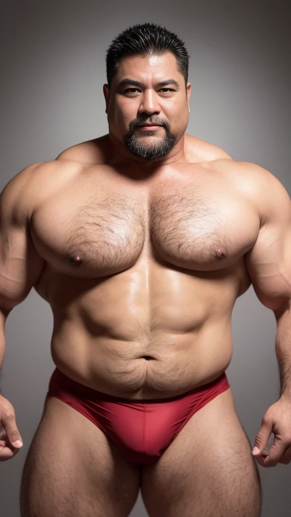 black hair, middle-aged man, individual, male, Muscular wrestler, muscular, Stout wrestler, Asian, Japanese, uncle, 55 year old middle-aged man, short hair, short hair, red wrestling boots, full body portrait, shadow, Vision, red briefs, obesity, 45 years old, short beard, middle-aged man, tattoo, fingerless gloves, Wheat skin, shiny skin, dark skin, Show your pectoral muscles, sumo wrestler, bodybuilder, wide temples, Visible abdominal muscles, Smile, Fine hands, solid color background, pure white background, Surrealism, Panorama, 8k, super detail,