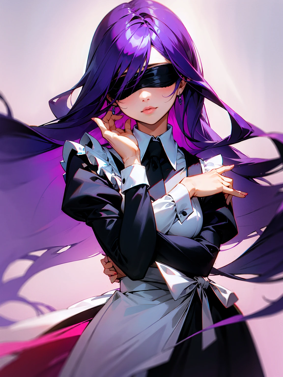 1female, purple hair, long hair, straight hair, blindfold, maid dress, lip gloss