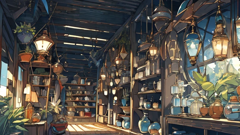 (masterpiece:1.2), Highest quality,Pixif, Night view, landscape, No humans, window, plant, potted plant, indoor, shelf, Wooden floor, lanthanum, lamp, Book, Bookshelf, vague, table, Bottle, Book写界限的深度, Chair, cup, Fantasy, bucket, ladder、Bell、柱Bell、鳩Bell、Bell付きの帽子、