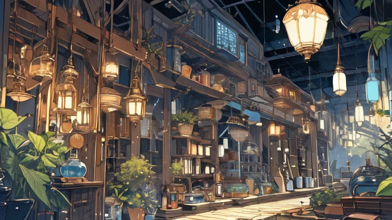 (masterpiece:1.2), Highest quality,Pixif, Night view, landscape, No humans, window, plant, potted plant, indoor, shelf, Wooden floor, lanthanum, lamp, Book, Bookshelf, vague, table, Bottle, Book写界限的深度, Chair, cup, Fantasy, bucket, ladder、Bell、柱Bell、鳩Bell、Bell付きの帽子、
