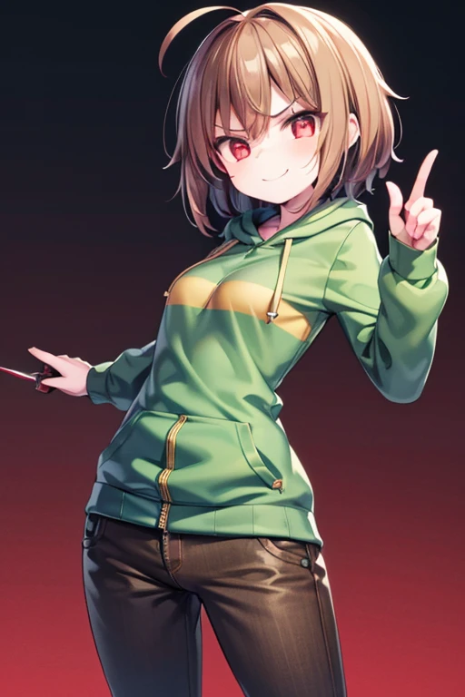 brown hair, ahoge, glaring, red eyes, little smile, angry, アニメ, anatomically correct, textured skin, high quality, 8k,(Green hoodie with zipper open), (brown and yellow striped shirt), (Short Hair), (Point the red knife at me), (Medium chest), (Brown long pants), tall, Mature, 