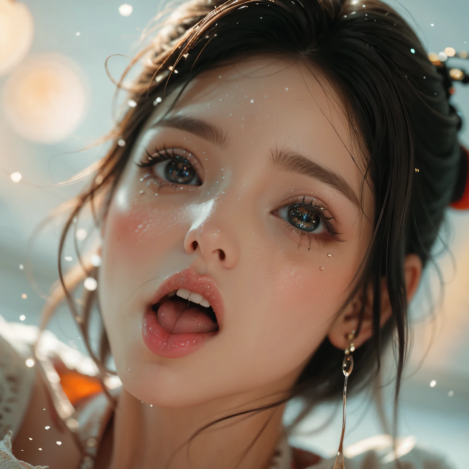 ExtremelyDetailed Kawaii girl Face,(Close-up Sweet lips), glossy lips with beautiful details, Coquettish tongue, Kissing to camera, towards the viewer, 8K TopQuality masterpiece,an extremely delicate and beautiful (ProfessionalPhoto:1.37), {Amazing|finely detail|official art|incredibly absurdres},ultra-detailed close-up shot, close up, (fish eye lens), wide lens, macro lens, Detailed reflective Eyes ElaboratePupils with (sparkling highlights:1.28) (Delicate Voluminous LongEyelashes:0.88), {(Tilted face:1.22)|Visible back of throat|saliva drips|naked shoulder}, (Dripping juice on tongue:1.23) snow particles