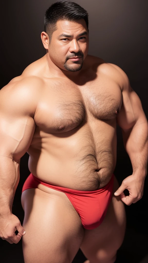 black hair, middle-aged man, individual, male, Muscular wrestler, muscular, Stout wrestler, Asian, Japanese, uncle, 55 year old middle-aged man, short hair, short hair, red wrestling boots, full body portrait, shadow, Vision, red briefs, obesity, 45 years old, short beard, middle-aged man, tattoo, fingerless gloves, Wheat skin, shiny skin, dark skin, Show your pectoral muscles, sumo wrestler, bodybuilder, wide temples, Visible abdominal muscles, Smile, Fine hands, solid color background, pure white background, Surrealism, Panorama, 8k, super detail,