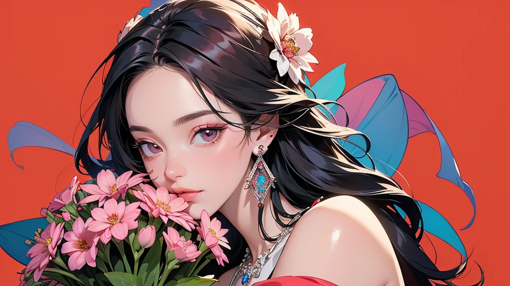 32K, 最高quality, 最高masterpiece, (ultra-Detailed Background, Detailed Background), High resolution, Super detailed, Very detailedな, One girl, (bouquet:1.3), (Tangled:1.2), (Geometric:1.2),(colorful),(masterpiece, quality, best quality, Official Art, Beautiful and beautiful:1.2), (1 girl:1.3), Very detailed,(colorful:1.1)(Flowers:1.3),Most detailed,(Tangled:1.2), whole body, (Abstract background:1.3), (Skin glows), (Many colors:1.4), ,(Earrings Jewelry:1.5), Pale Red Background,