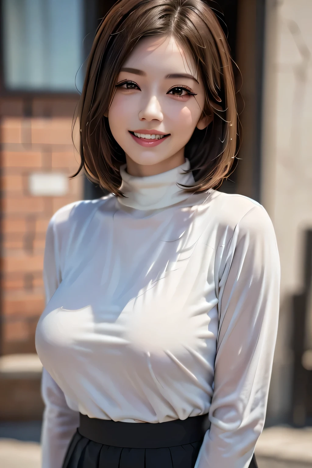 a J-pop idol wearing a turtleneck sweater, (((masterpiece))), ((Highest quality)), ((Complex)), ((surreal)), Bakares, (Mature Woman), ((peerless)), Very detailed, 1 girl, ((Big Breasts)), Beautiful and detailed, Brunette Short Hair, Brown eyes, (turtleneck:1.2), (Tight Skirt), (background: underground), Detailed background, choker, Perfect Eyes, Captivating eyes, Looking at the audience