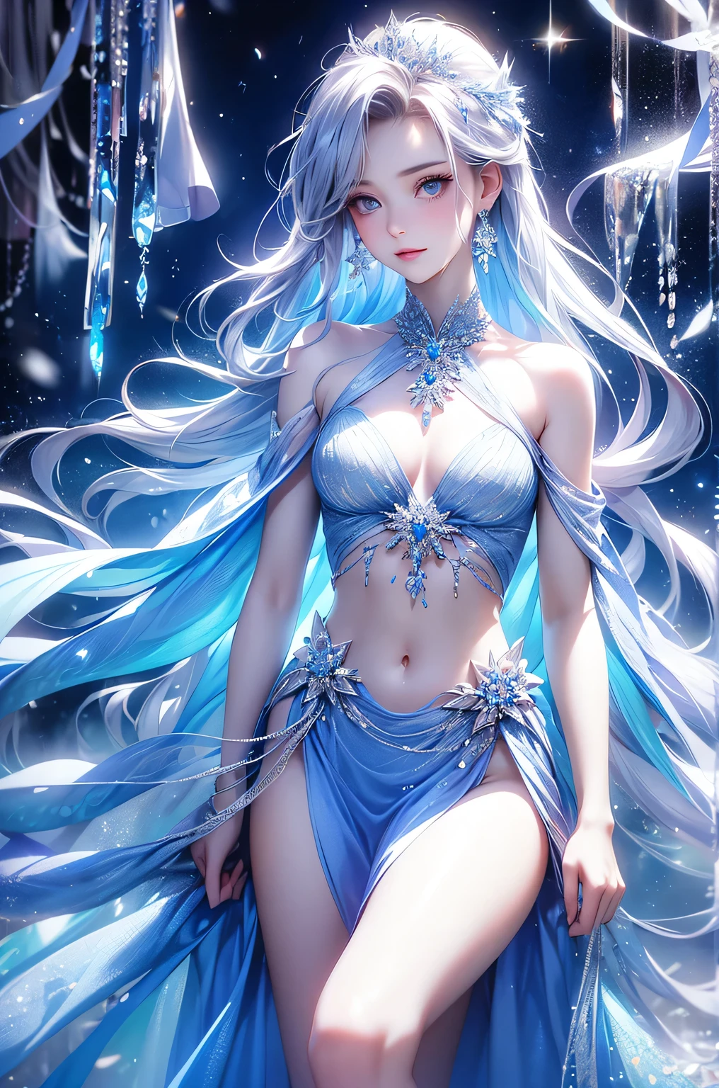 (1/2 photos:1.5)wood, Exquisite mini ice spikes and crystals, A frozen waterfall in the background, Light reflected by ice crystals, Flowing snowflakes.1 girl、pretty girl,A realistic person,((small breasts)),Thin legs、Tight waist、standing