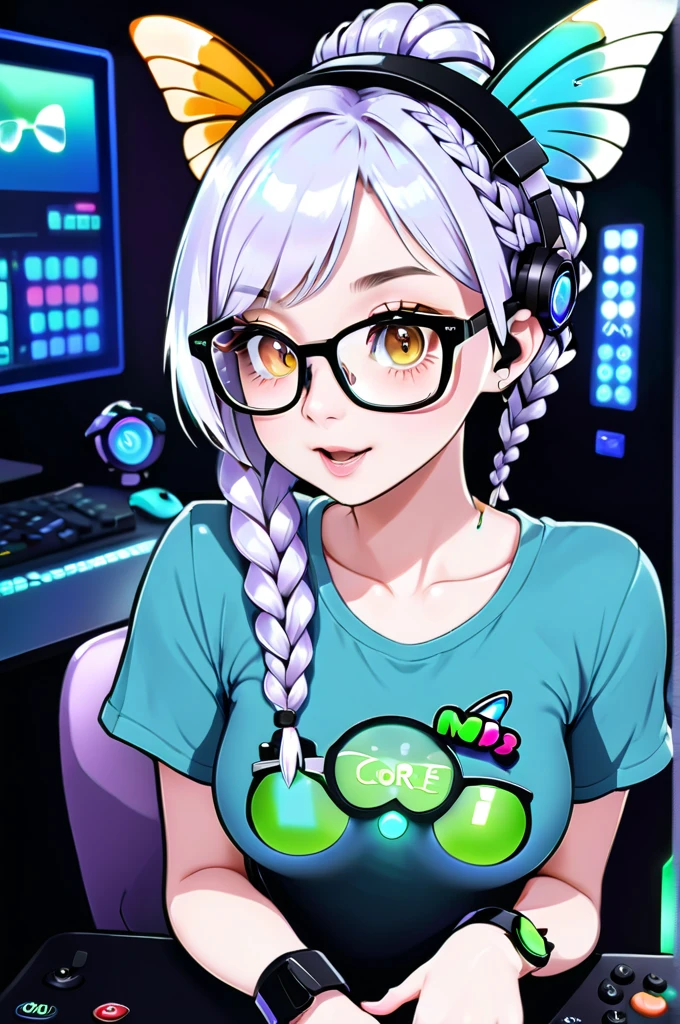 nerdcore, thick glasses, gaming rig, nerdcore t-shirt, 1girl, woman, Marigold sprite,butterfly wings, see-through gossamer, v-shaped eyebrows, bombshell hair, glowing platinum hair, Braided Crown,ponytail, medium breasts, wide hips, narrow waist, hourglass figure,skindentation, caucasian