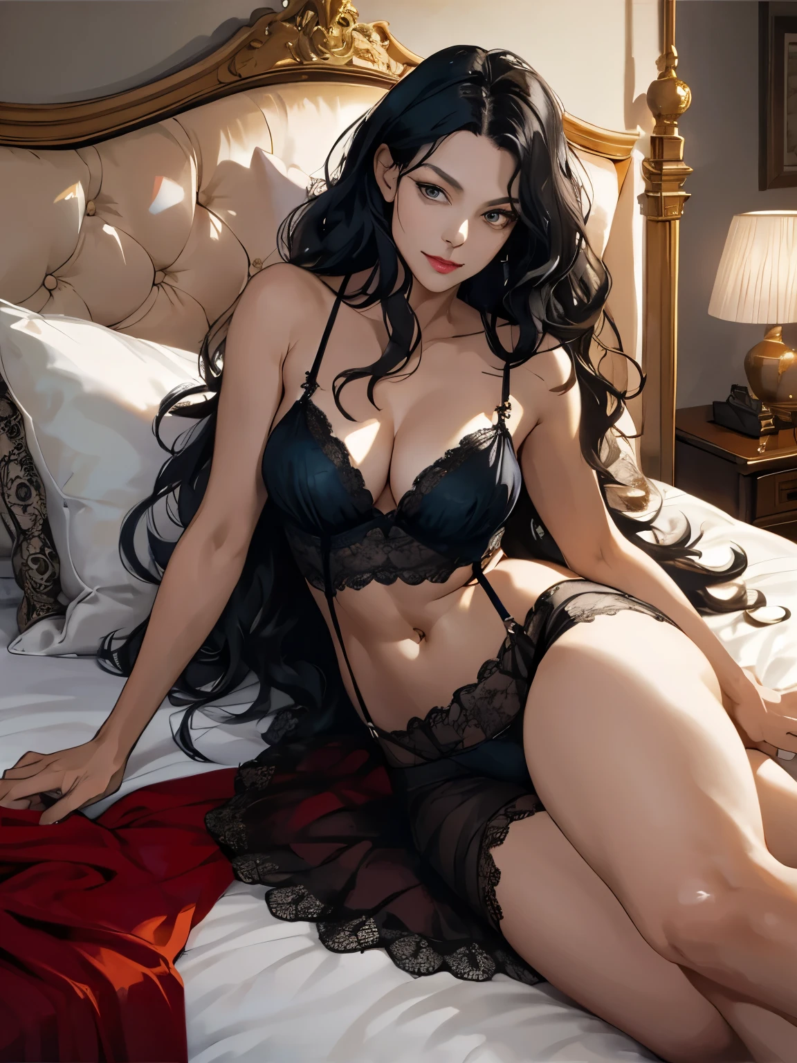 A mature woman lying on the bed, Has black wavy hair, Wearing suspenders, Full figure, Exquisite facial features, Touching her own body，Lifelike image quality, A European woman, Age about 30 years, Surrealism